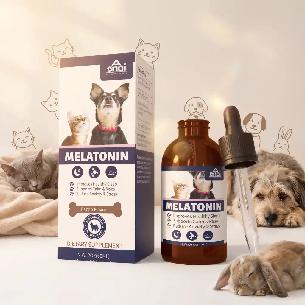 Melatonin drops specifically for dogs help with sleep and keep dogs and puppies calm.